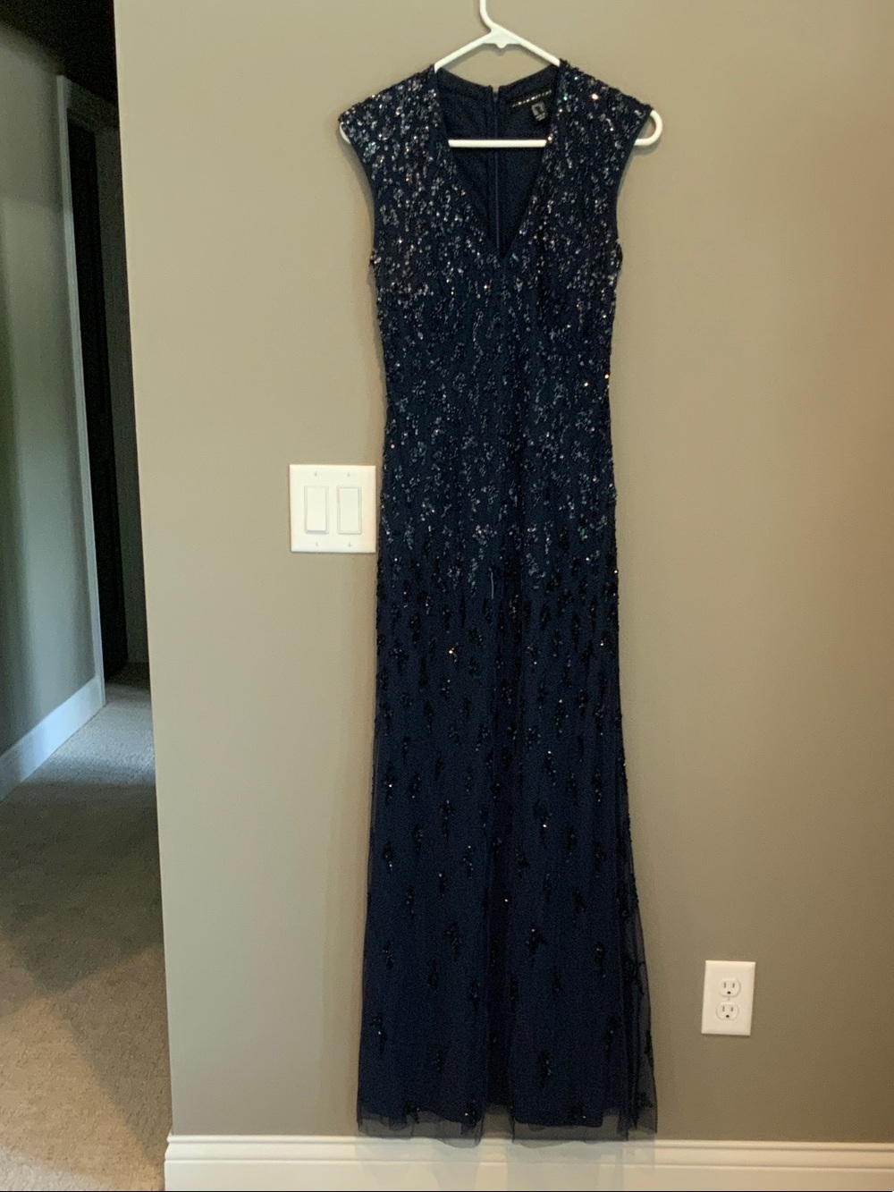 Adrianna Papell Navy Beaded V-Neck Maxi Gown